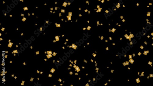 Golden floating squares on black background. 2d animation