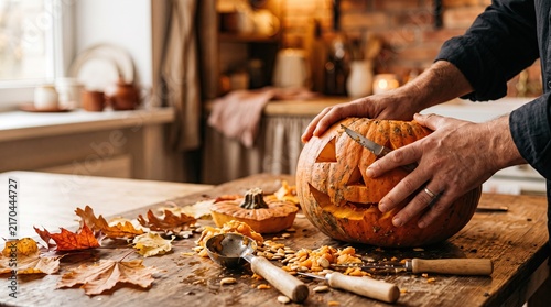 Person carving pumpkin on wooden table at home, autumn preparation, cozy kitchen scene with seasonal decoration and traditional Halloween activity