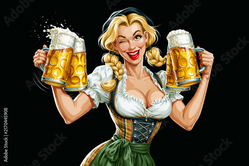Illustration of winking blonde woman in dirndl holding two beer mugs, Oktoberfest concept