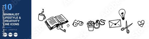 Minimalist Lifestyle & Creativity Line Icons Set, Featuring Books, Coffee, Glasses, Lightbulb, Scissors, and Heart