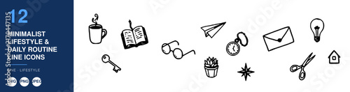 Icons Representing Daily Lifestyle and Minimalism, Including a Coffee Cup, Eyeglasses, Paperclip, and House Illustration. Simple Line Art Design.
