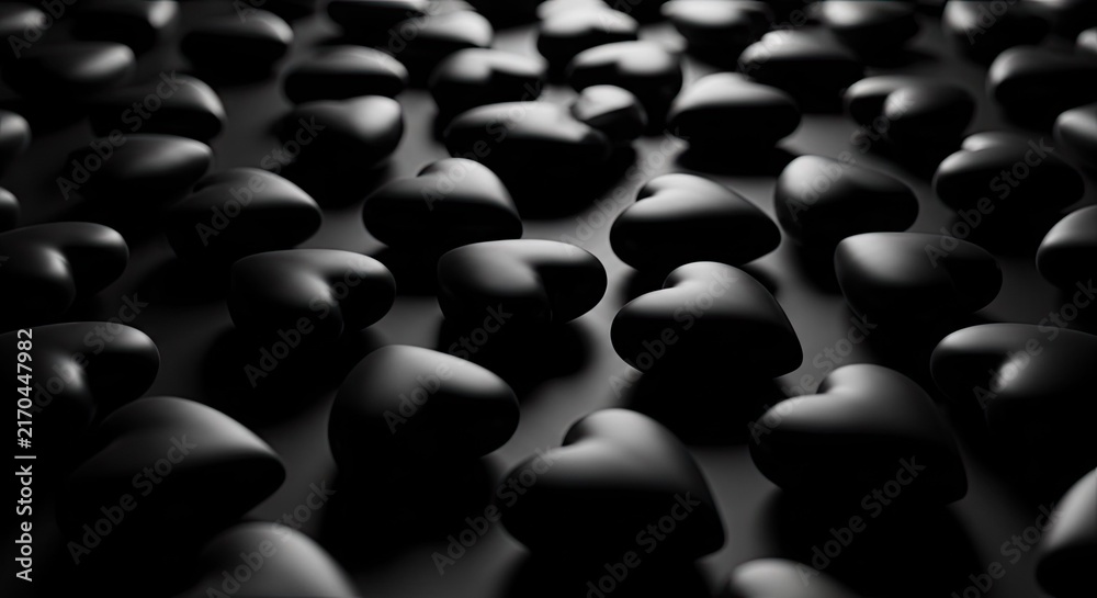 Fototapeta premium Abstract field of black hearts dramatic lighting and depth of field