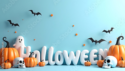 A playful 3D rendered Halloween scene featuring pumpkins ghosts skulls and bats