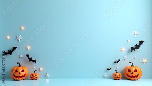Minimalist Halloween Decoration Featuring Smiling Jack O Lanterns And Flying Paper Bats