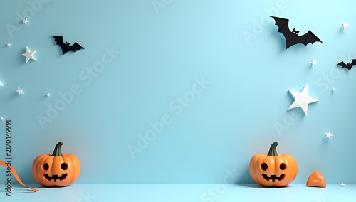 Minimalist Halloween Scene Featuring Smiling Jack O Lanterns And Flying Paper Bats