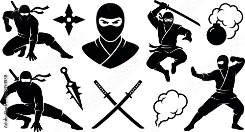 Bild auf Leinwand Black silhouettes of ninja warriors throwing stars and swords against a white ba