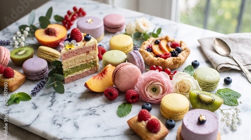 Pastel Fruit and Dessert Arrangement with Macarons, Layered Cakes and Flowers | Photorealistic Marble Food Art