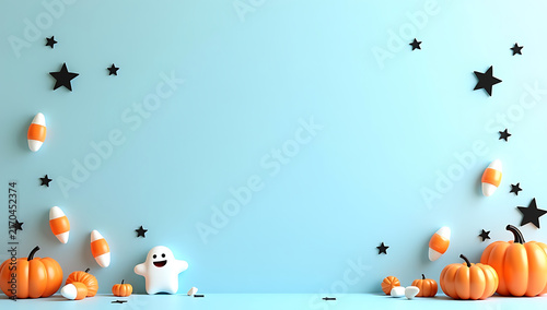 Cute Minimalist Halloween Scene With Pumpkins Candy Corn And A Friendly Ghost