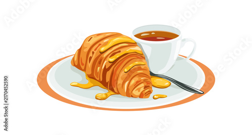 croissant and tea with honey, snack, pastries