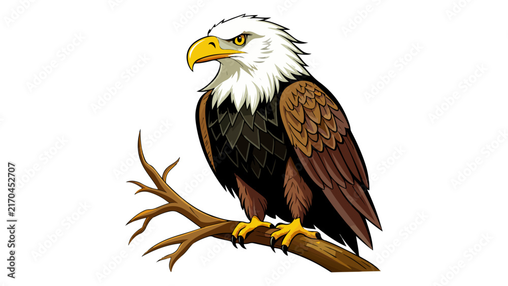 Fototapeta premium Vector Eagle Illustration on Tree Branch Bold Cartoon Wildlife Art
