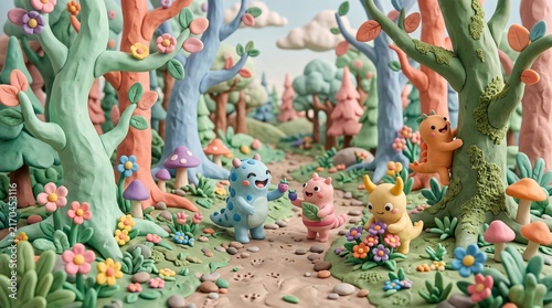 Whimsical Pastel Claymation Forest with Textured Clay Creatures, Trees and Flowers | Detailed 3D Artwork