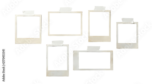 Vintage instant photo frames with masking tape, set of 6 retro polaroid style borders, aged paper photography mockups isolated on Transparent Background
