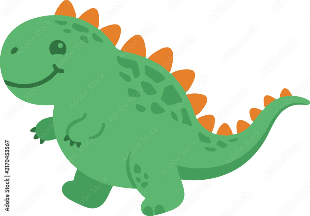 Obraz premium A cute cartoon green dinosaur with orange spikes standing on a white background.