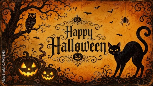Vintage Happy Halloween Greeting Card with Black Cat, Owl and Pumpkins