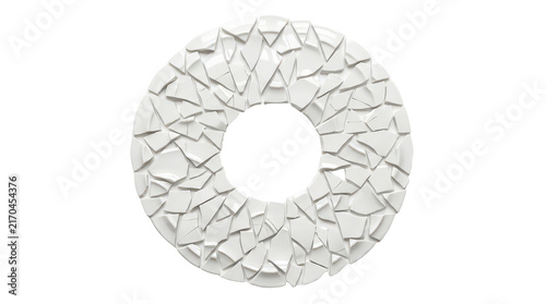 Minimalist white ceramic mosaic ring, abstract geometric porcelain circle, modern sculptural textured round art piece isolated on Transparent Background