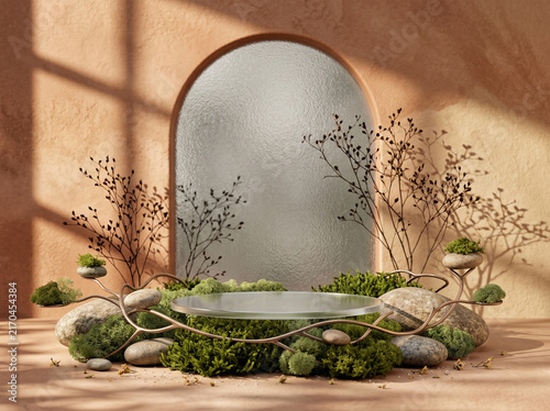 Natural podium display for product presentation with organic elements