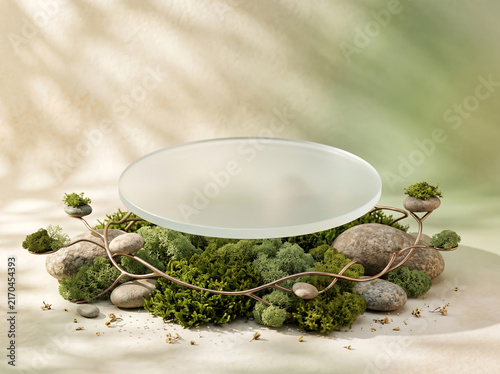 Nature inspired podium display with greenery and rocks