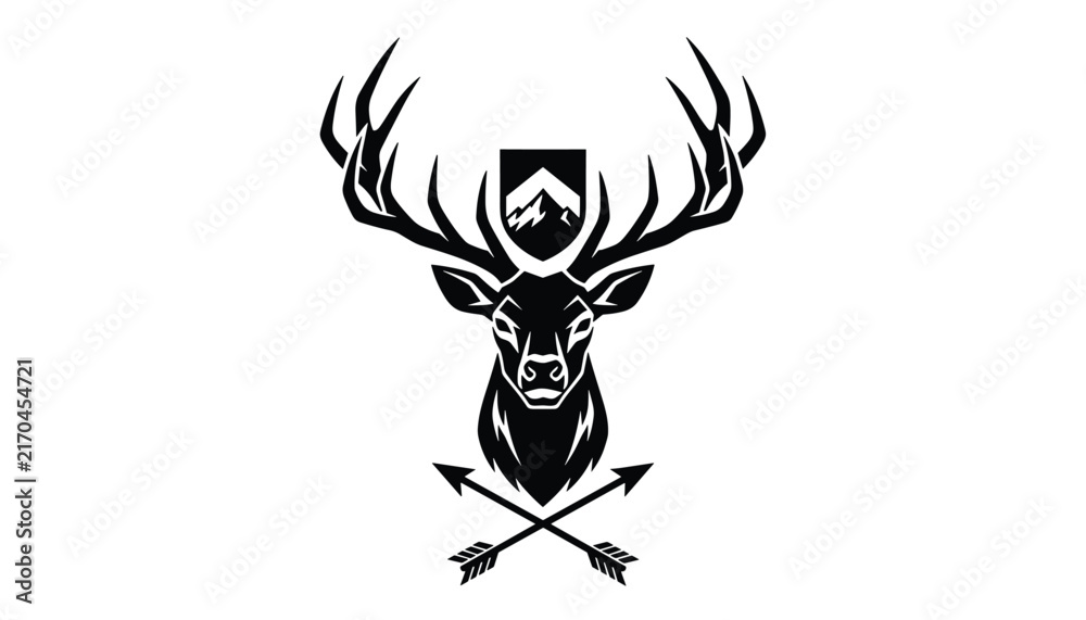 Fototapeta premium Deer head with large antlers emblem accompanied by crossed arrows and shield logo