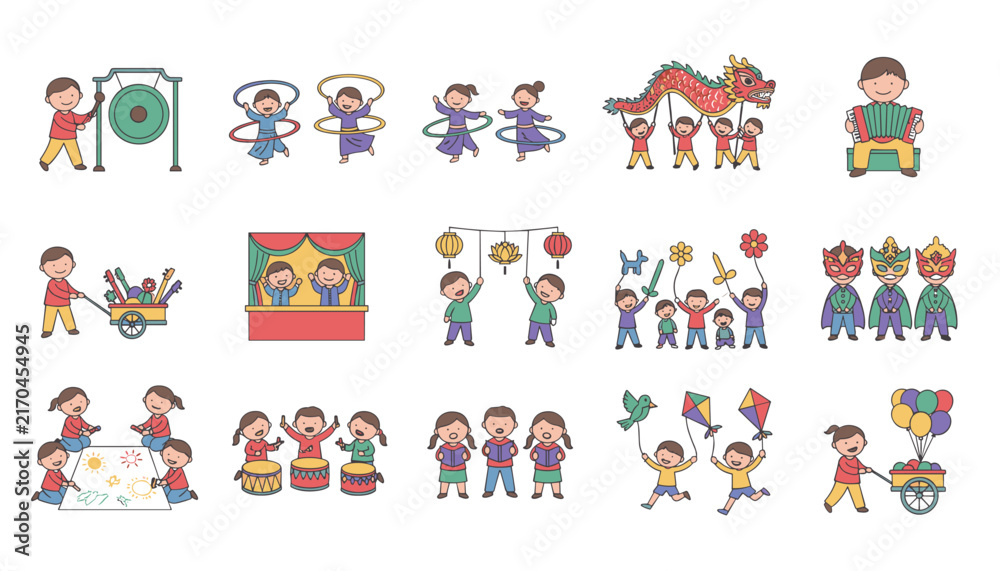 Fototapeta premium Colorful set of children participating in traditional cultural activities and games