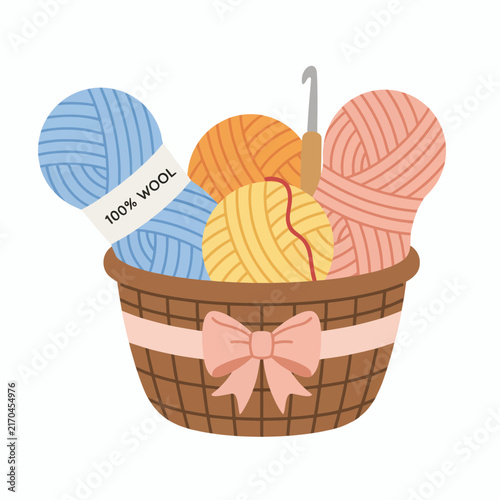 Colorful Yarn Skeins And Knitting Needle In Basket