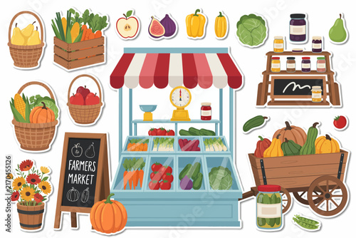 Colorful Farmers Market Fresh Produce Stand Illustration
