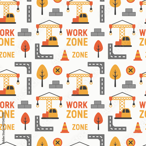 Construction Work Zone Pattern With Safety Icons And Equipment