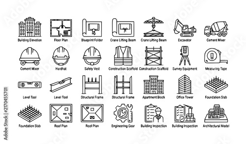 Construction Planning and Modern Architecture Thin Line Vector Icons CollectionConstruction Planning and Modern Architecture Thin Line Vector Icons Collection