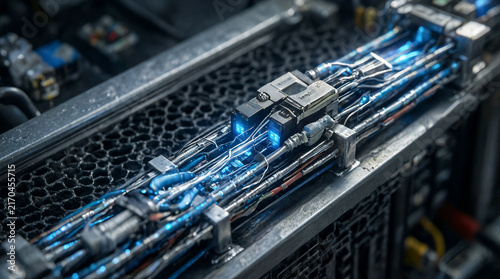 Electronics technology, server voltage sense line with cool blue LED indicators and silver traces inside hardware unit