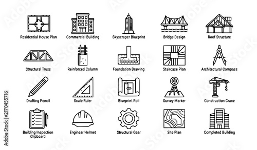 Architectural Design and Structural Engineering Outline Icons for Construction Projects