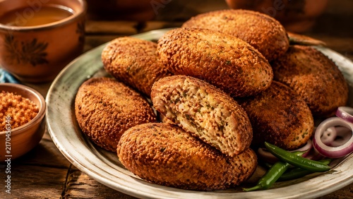 Authentic Sri Lankan fish cutlets with crispy golden breadcrumb coating served on ceramic plate, traditional seafood snack with spices for restaurant and food culture