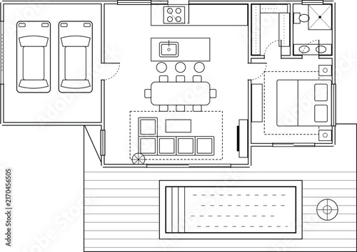 Residential Architectural CAD Floor Plan with Bedrooms Kitchen Living Area Bathroom and Swimming Pool