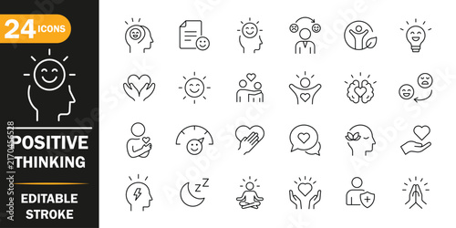 Quadro su tela Positive thinking and mental wellness line icons, coaching and training concepts