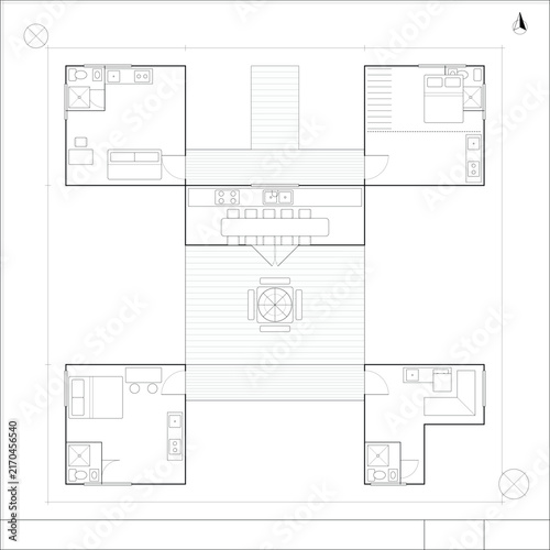 Residential Architectural CAD Floor Plan with Central Staircase and Symmetrical Room Layout