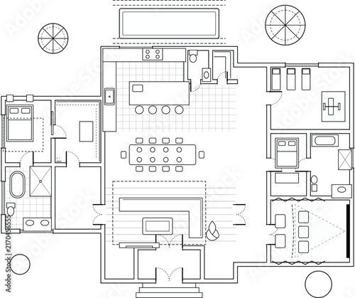 Residential Architectural CAD Floor Plan with Kitchen Dining Living Room Bedrooms and Outdoor Areas