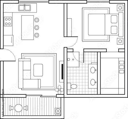 Residential Architectural CAD Floor Plan with Kitchen Living Room Bedroom and Bathroom Layout