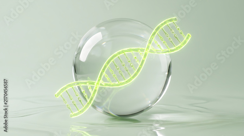 Glowing green D N A helix inside clear sphere on water surface