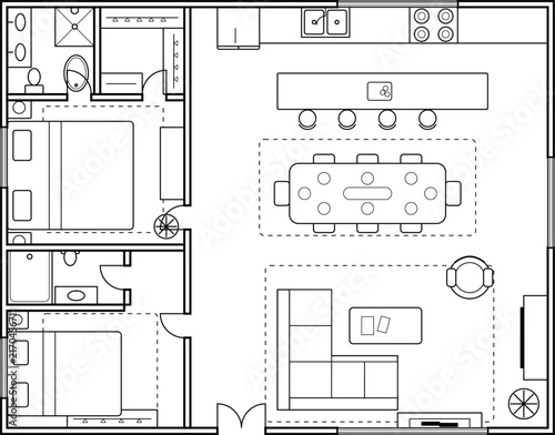 Residential Architectural CAD Floor Plan with Bedrooms Kitchen Dining and Living Room Layout