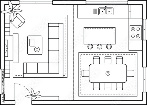 Residential Architectural CAD Floor Plan with Living Room Kitchen Dining Area and Furniture Layout