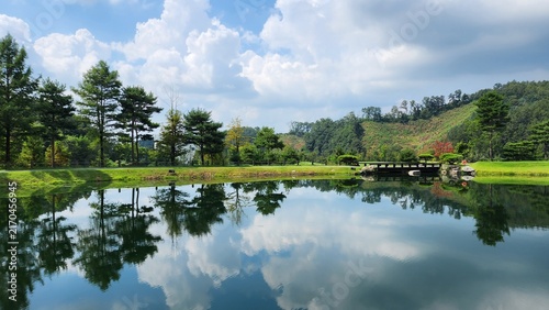 Photography Mirror-like Reflections on a Serene Golf Course Lake: A peaceful water hazard where the blue sky and green forest create a flawless mirror reflection on the calm water