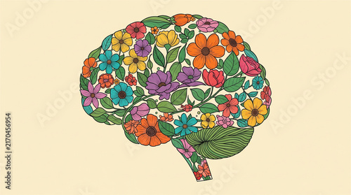 Floral brain illustration with colorful flowers, mental health and creativity concept, vintage botanical human brain art