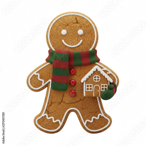 Cute gingerbread man cookie wearing a festive green and red scarf and holding a small gingerbread house