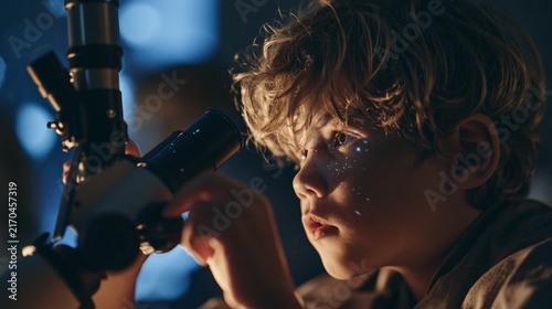 Young boy looking through a telescope with stars reflected on his face