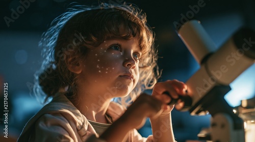 Young child with curly hair looking through a telescope at night