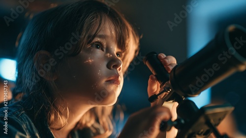 Young girl with curious eyes looking through a telescope at night