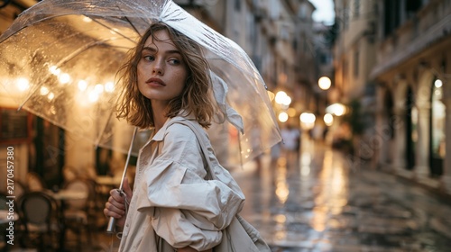 Stylish woman with umbrella walking on wet street at night with bokeh lights