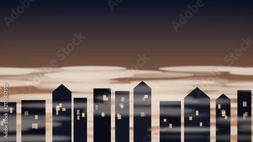 Silhouetted city skyline against cloudy twilight sky. 2d animation