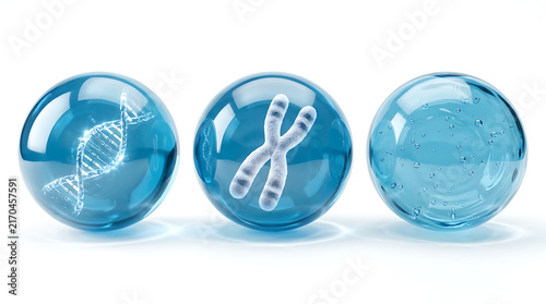 Three blue orbs with D N A and chromosome science biology