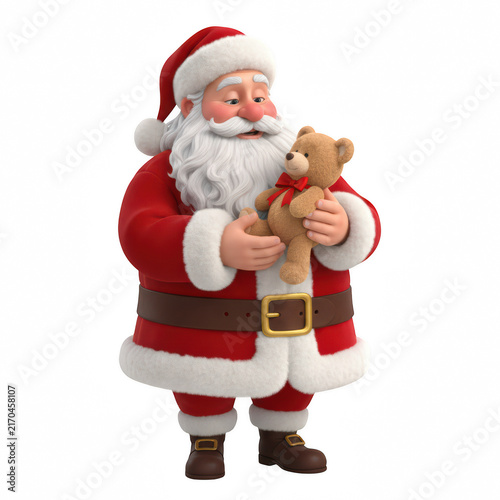 Friendly santa claus holding a cute brown teddy bear toy standing and smiling for the christmas holiday season