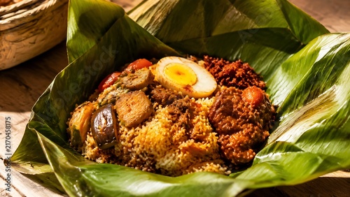 Traditional Sri Lankan Lamprais Banana Leaf Rice Dish with Spiced Rice, Curry, Egg and Authentic Heritage Food Presentation for Hospitality Tourism and Culinary Marketing