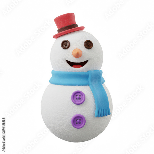 A cute happy snowman with a blue scarf and a red top hat for christmas holiday winter season decoration